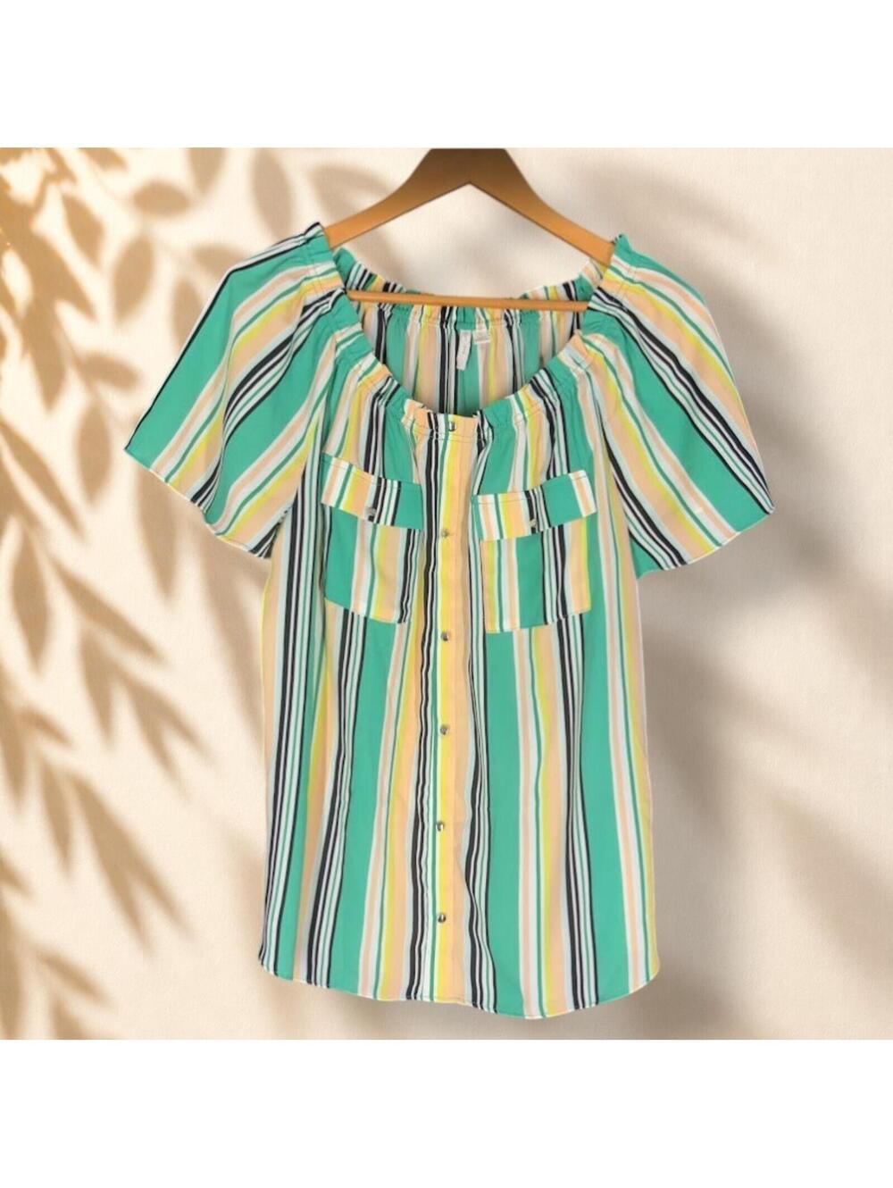 Cato Button Up Top Women L Large Green Striped Pockets Short Sleeve Casual